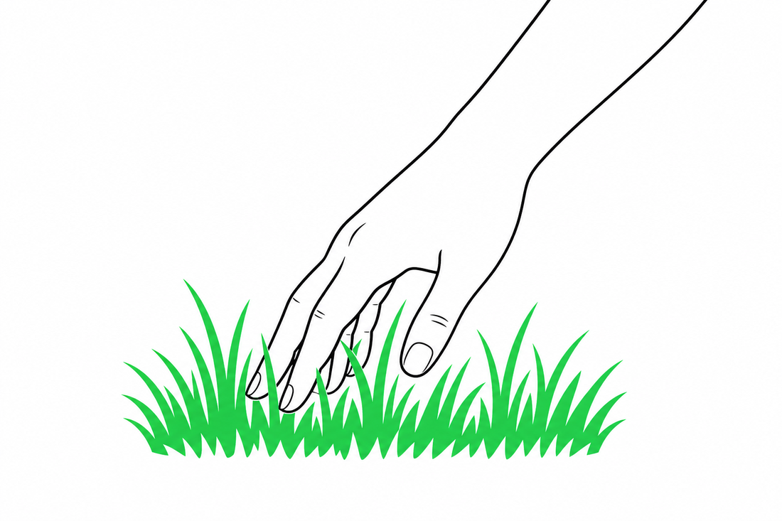 A hand reaching down to touch green grass